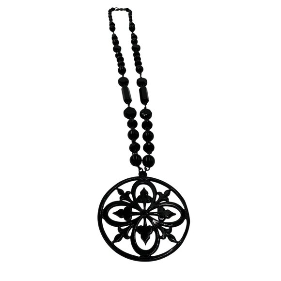 Black Beaded Necklace With Ornate Circle Pendant & Lobster Clasp Goth Statement - Picture 1 of 6